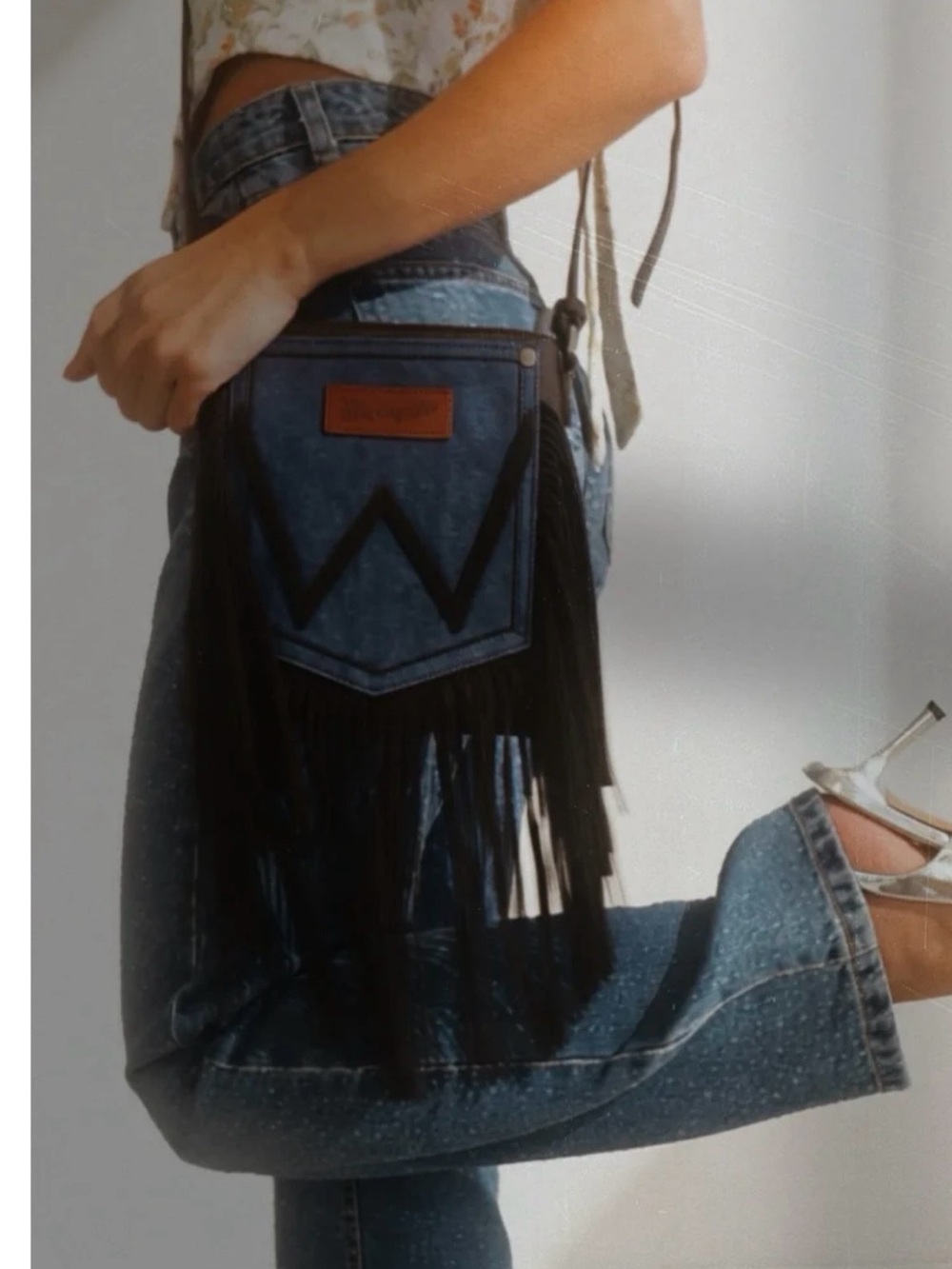 Wrangler Blue Denim Crossbody with Black Fringe